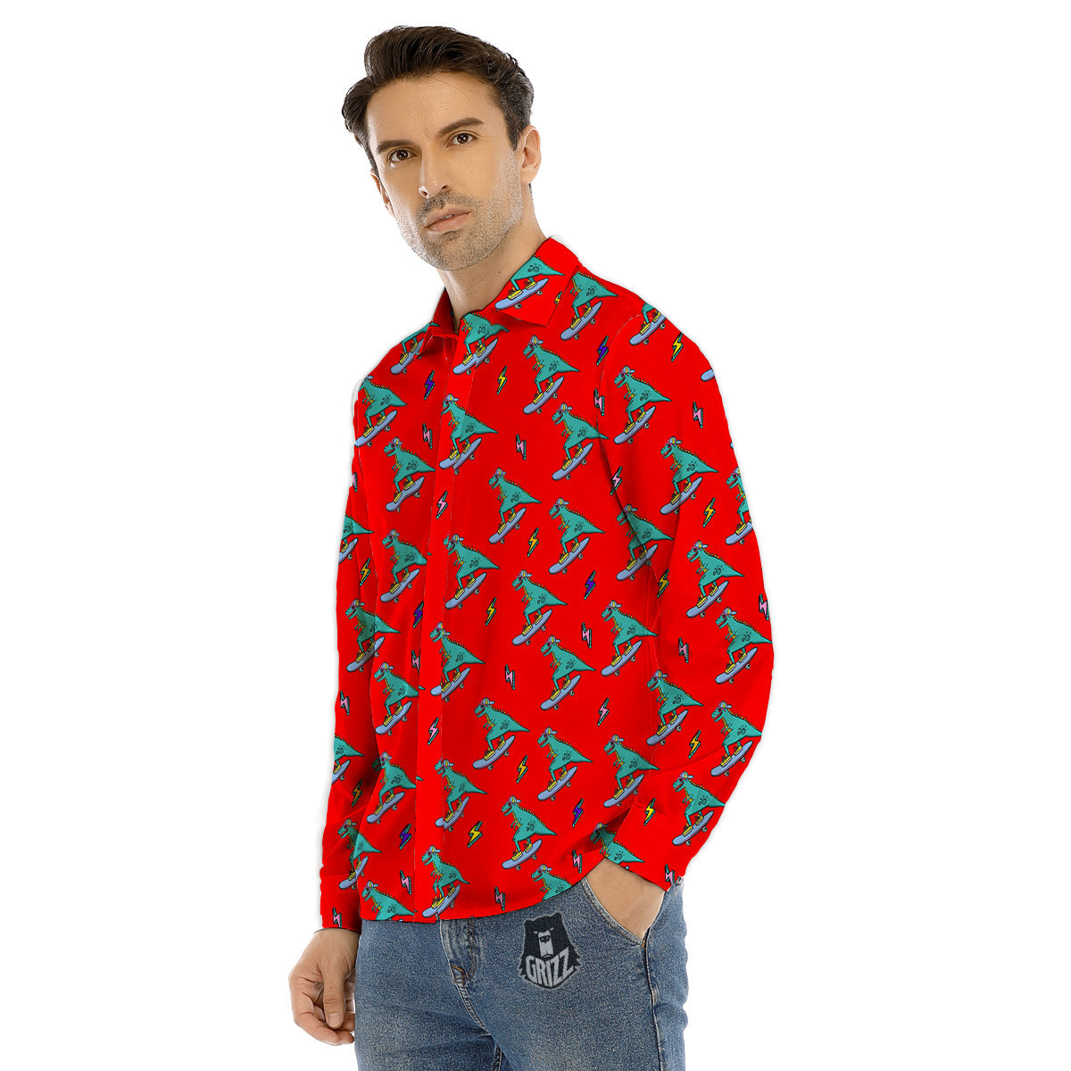 T-Rex Cute Dino Print Pattern Men's Dress Shirts-grizzshop