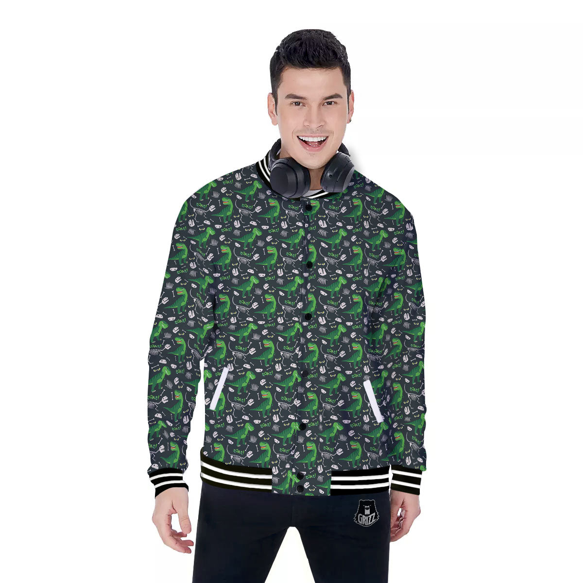 T-Rex Dinosaur Cute Green Print Pattern Baseball Jacket-grizzshop