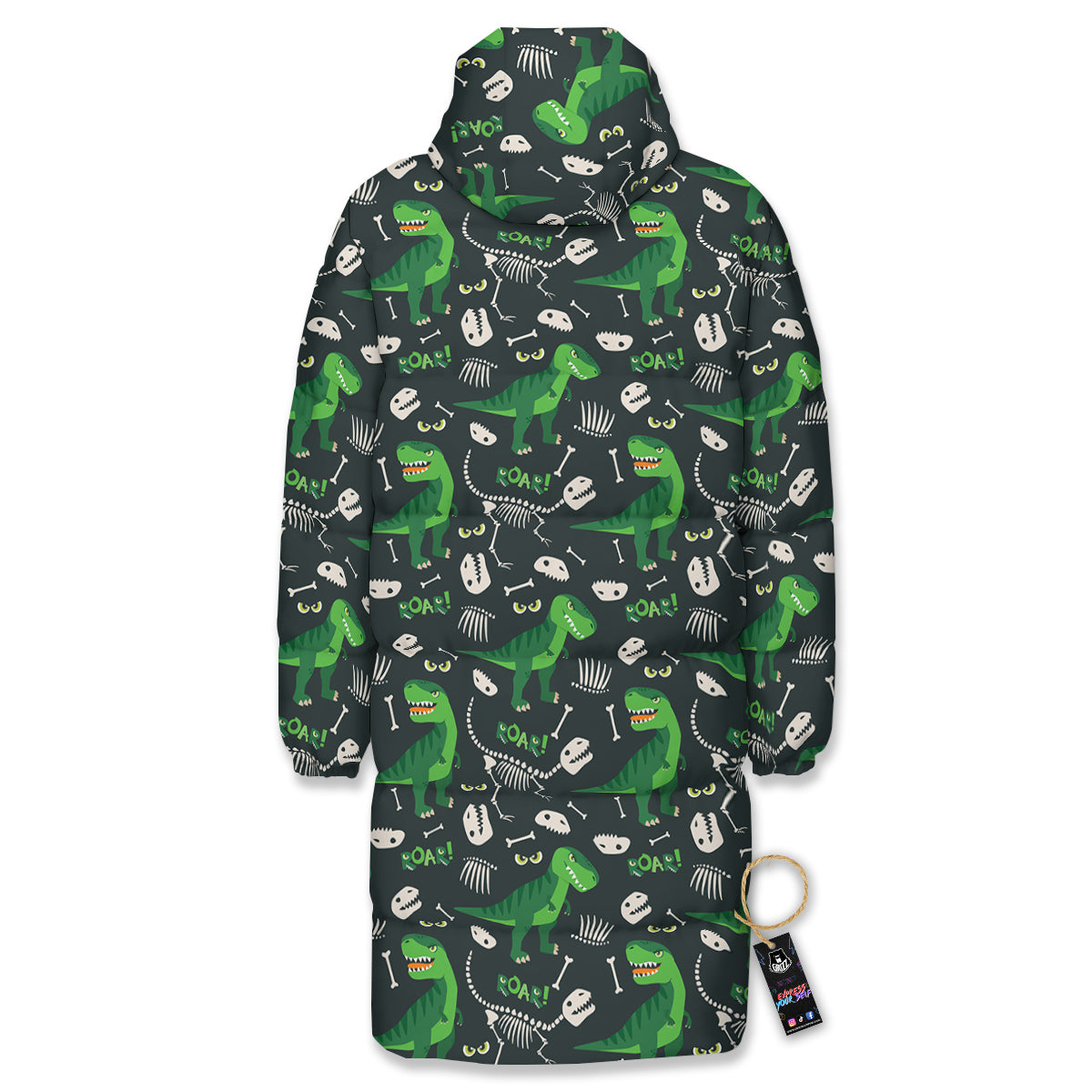 T-Rex Dinosaur Cute Green Print Pattern Long Down Jacket-grizzshop