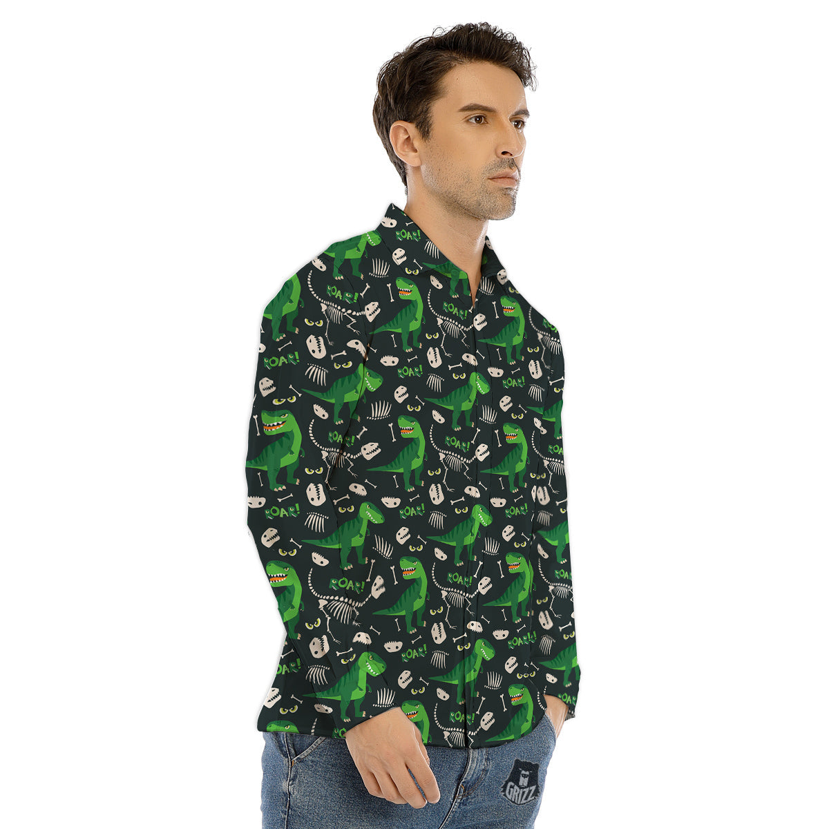 T-Rex Dinosaur Cute Green Print Pattern Men's Dress Shirts-grizzshop