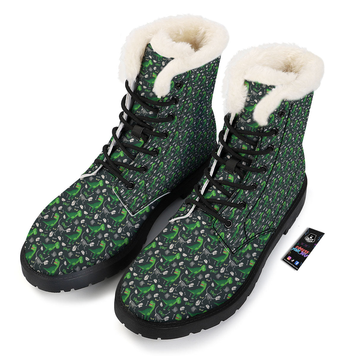 T-Rex Dinosaur Cute Green Print Pattern Winter Boots-grizzshop
