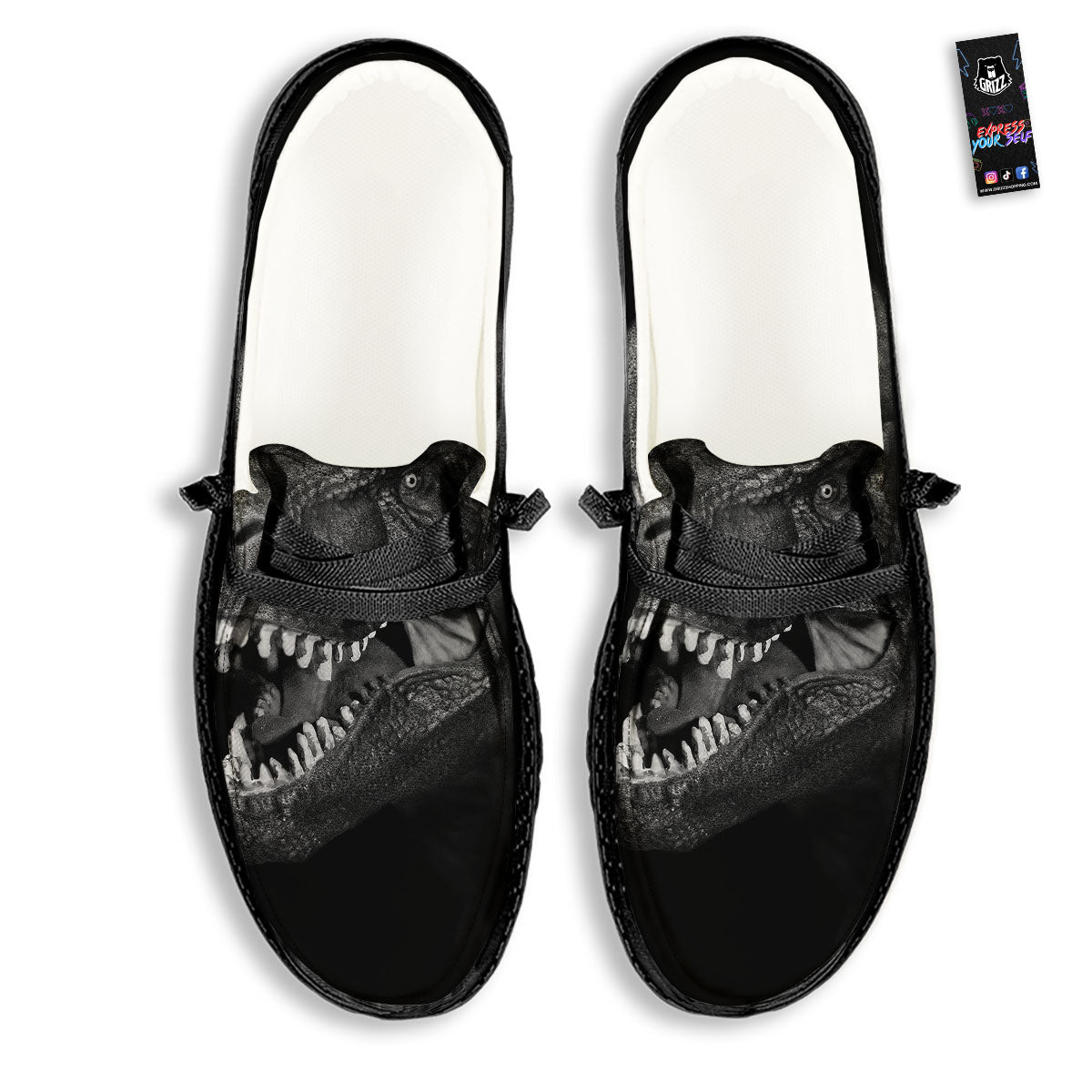 T-Rex Dinosaur White And Black Print Black Loafers-grizzshop