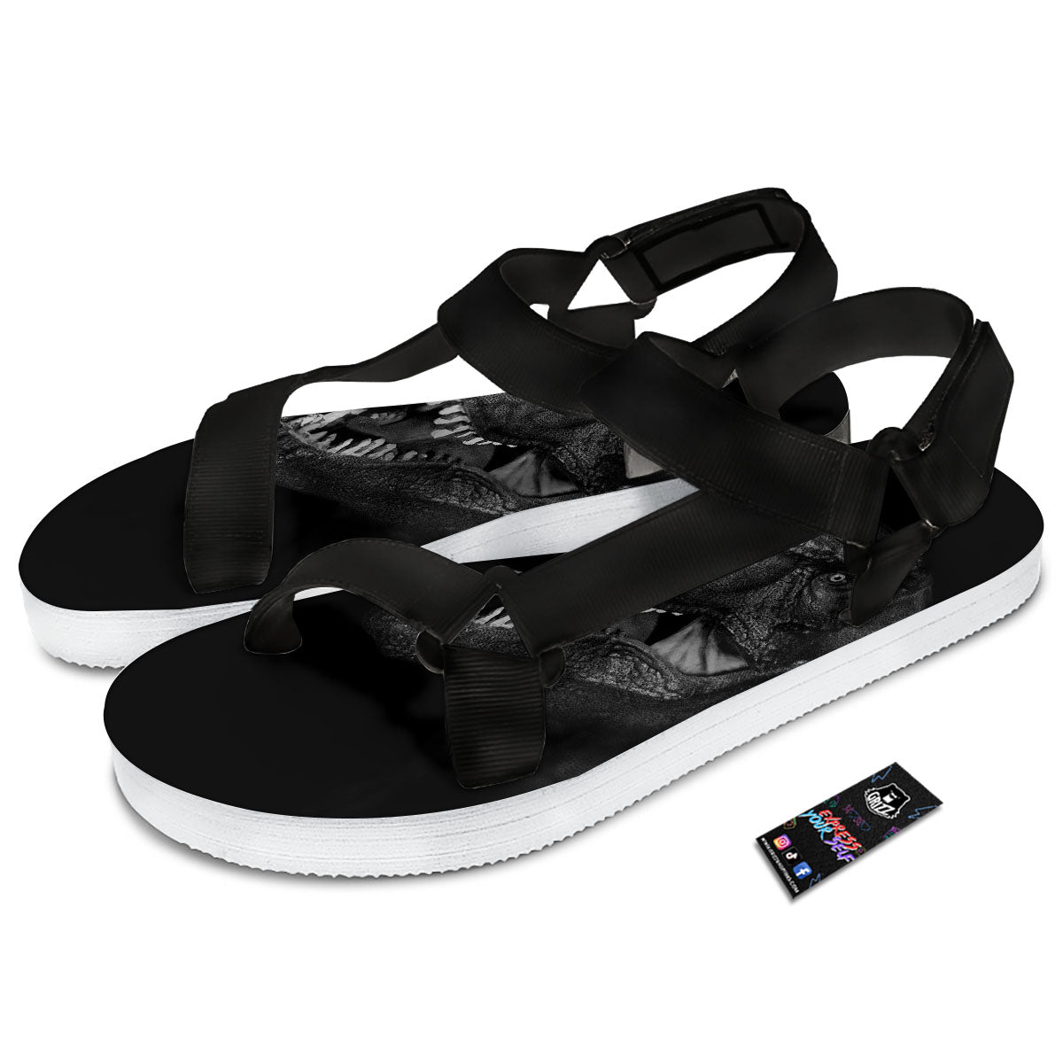 T-Rex Dinosaur White And Black Print Black Open Toe Sandals-grizzshop