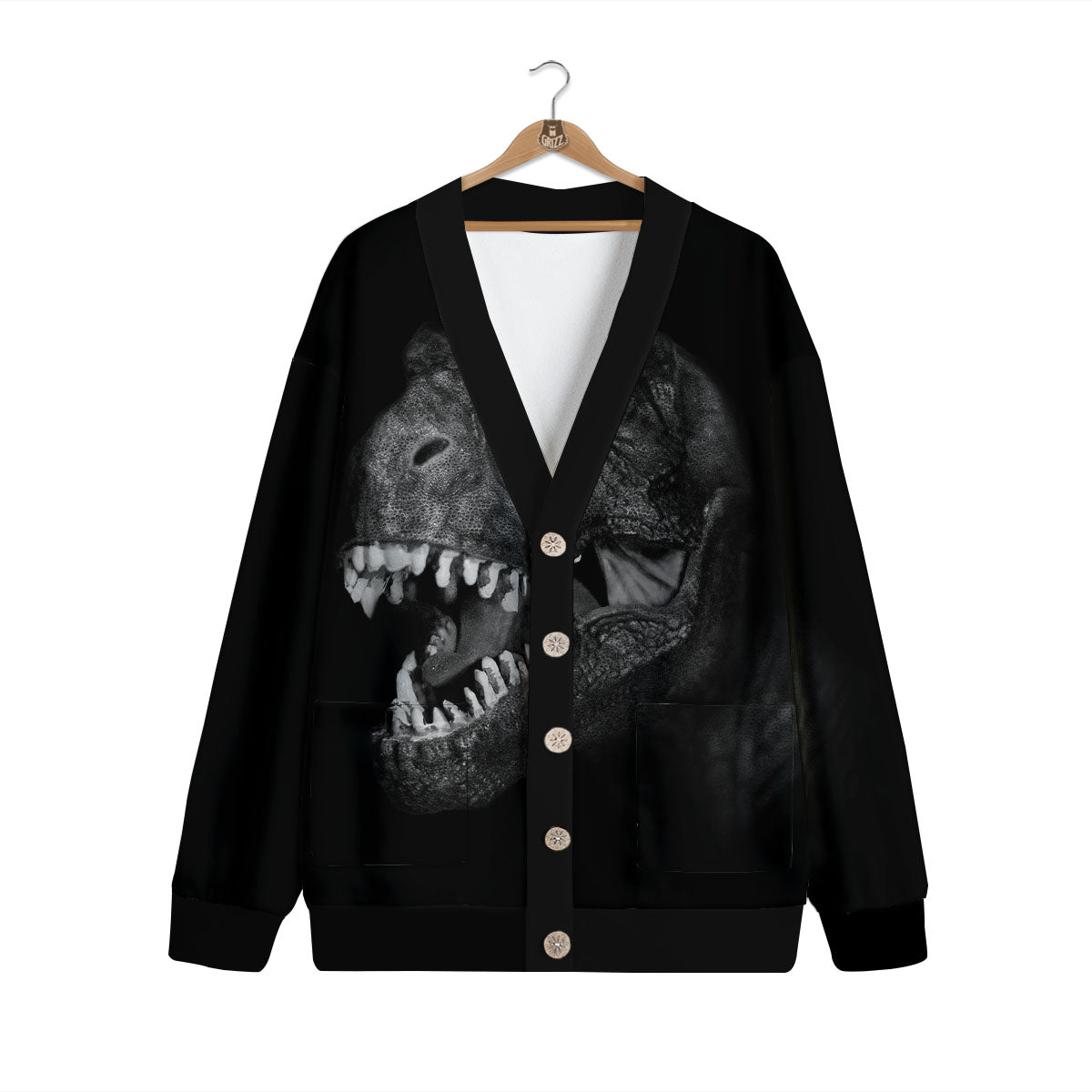 T-Rex Dinosaur White And Black Print Cardigan-grizzshop