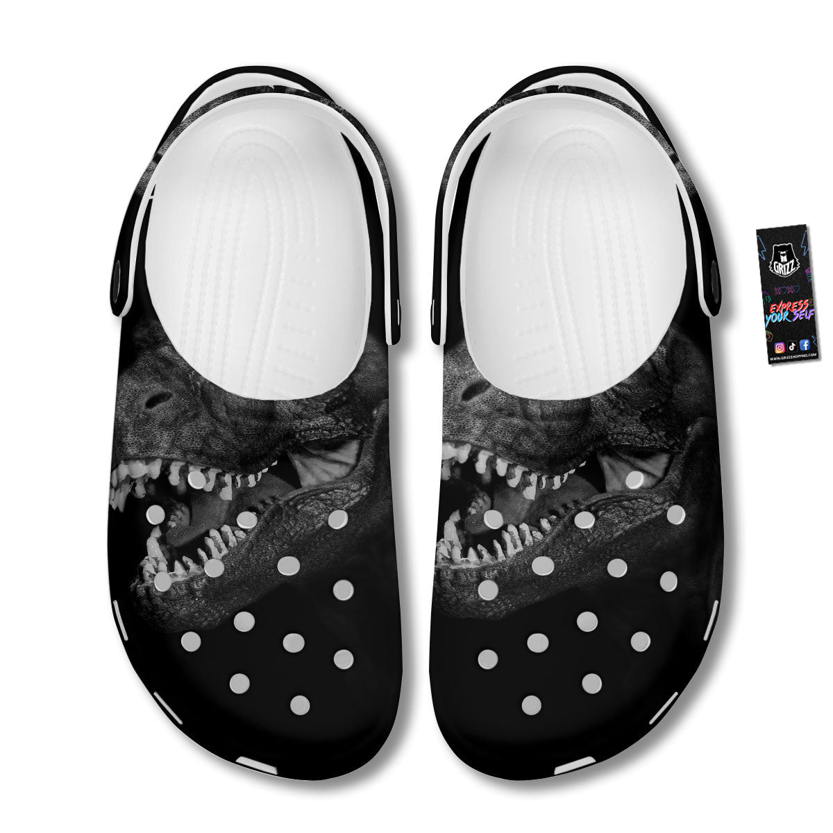 T-Rex Dinosaur White And Black Print Clog-grizzshop