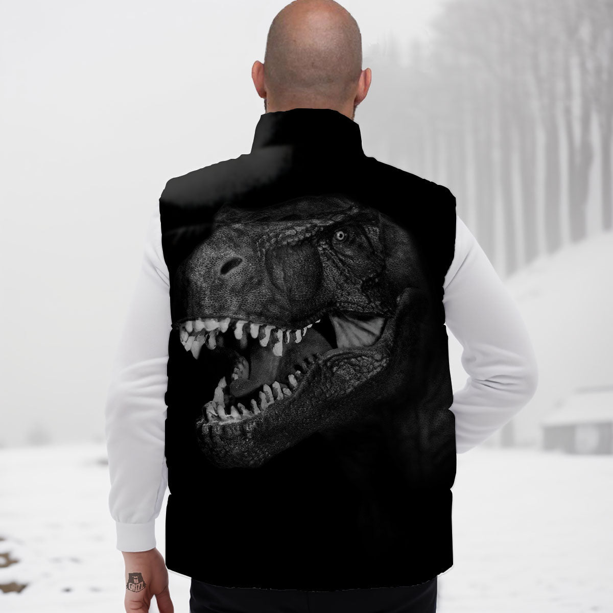 T-Rex Dinosaur White And Black Print Down Vest