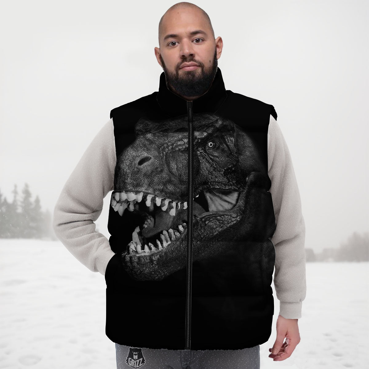 T-Rex Dinosaur White And Black Print Down Vest