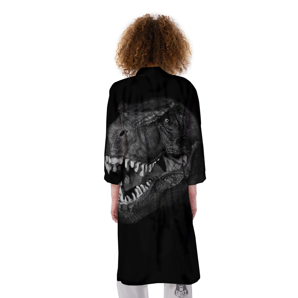 T-Rex Dinosaur White And Black Print Kimono-grizzshop