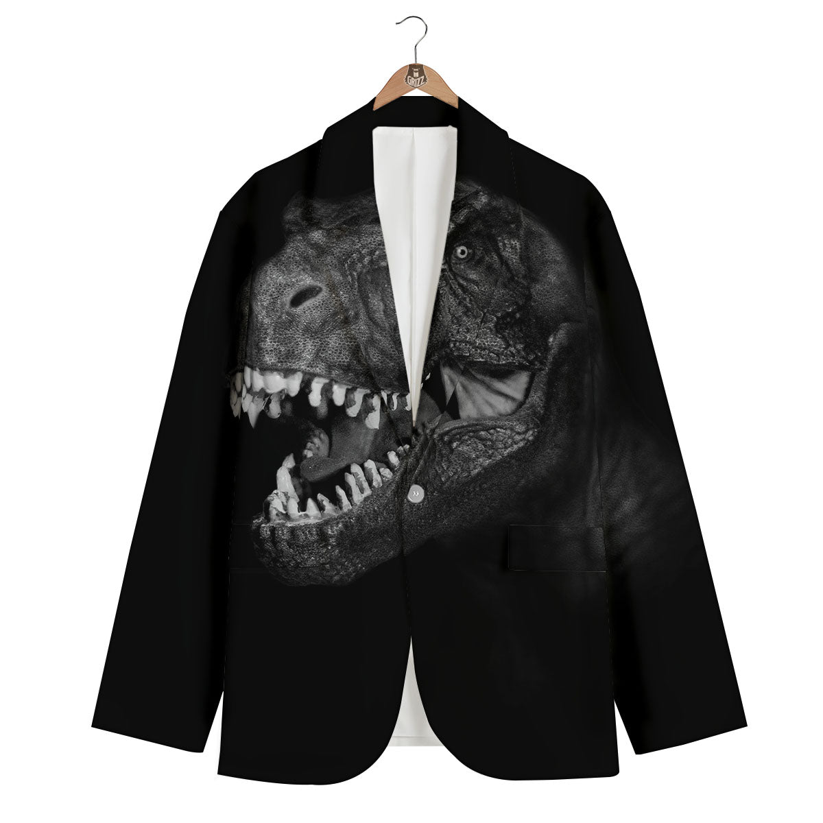 T-Rex Dinosaur White And Black Print Men's Blazer-grizzshop