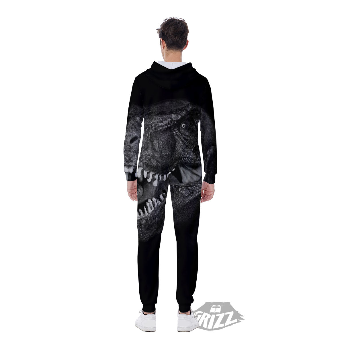 T-Rex Dinosaur White And Black Print Men's Jumpsuit-grizzshop