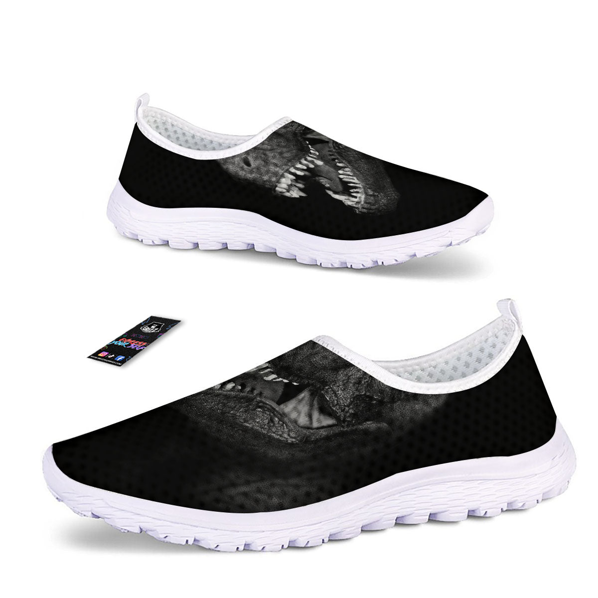 T-Rex Dinosaur White And Black Print Nurse Shoes-grizzshop