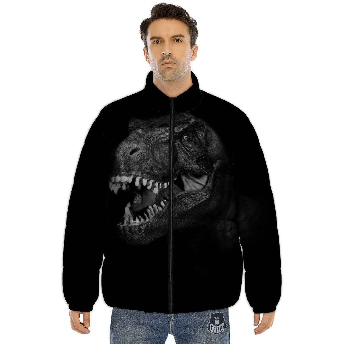 T-Rex Dinosaur White And Black Print Puffer Jacket-grizzshop