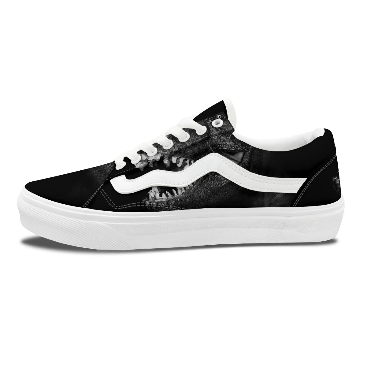 T-Rex Dinosaur White And Black Print Skate Shoes-grizzshop