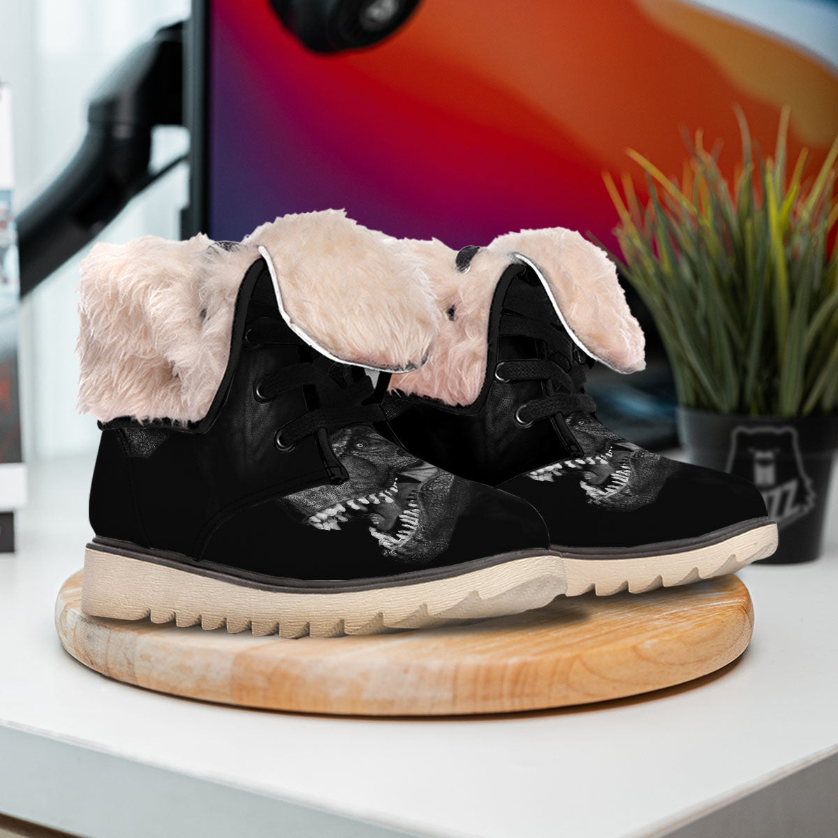 T-Rex Dinosaur White And Black Print Snow Boots-grizzshop