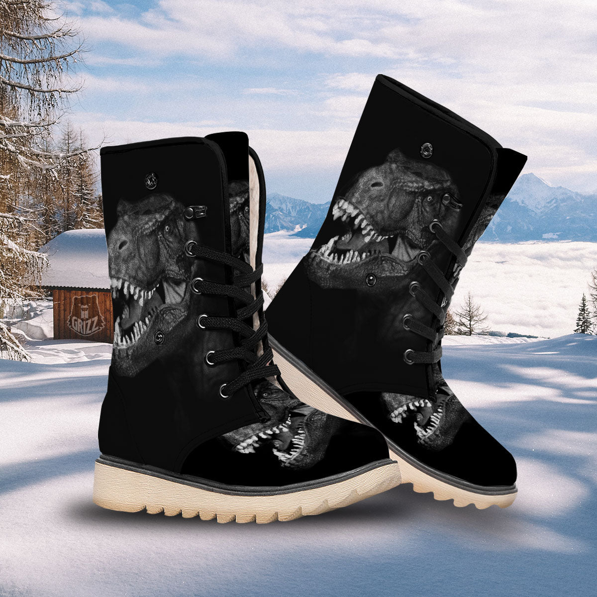 T-Rex Dinosaur White And Black Print Snow Boots-grizzshop