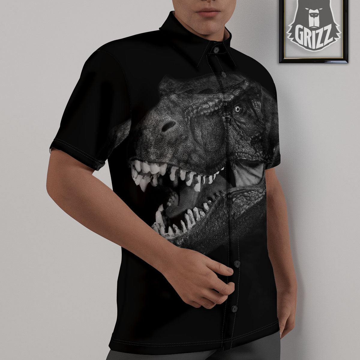 T-Rex Dinosaur White And Black Print Untucked Shirts-grizzshop