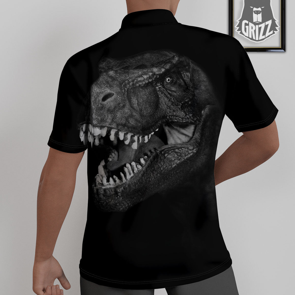 T-Rex Dinosaur White And Black Print Untucked Shirts-grizzshop