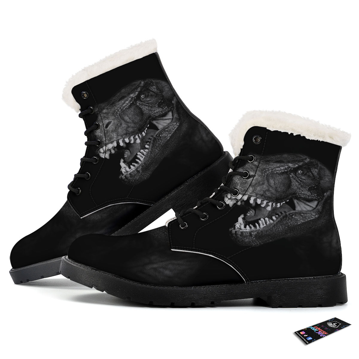 T-Rex Dinosaur White And Black Print Winter Boots-grizzshop