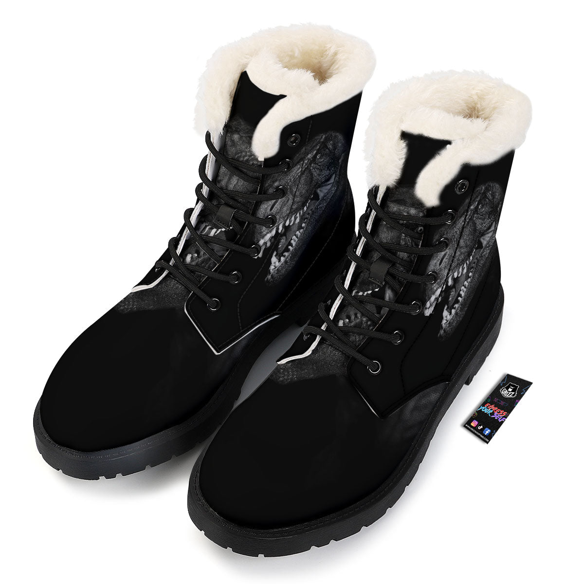 T-Rex Dinosaur White And Black Print Winter Boots-grizzshop