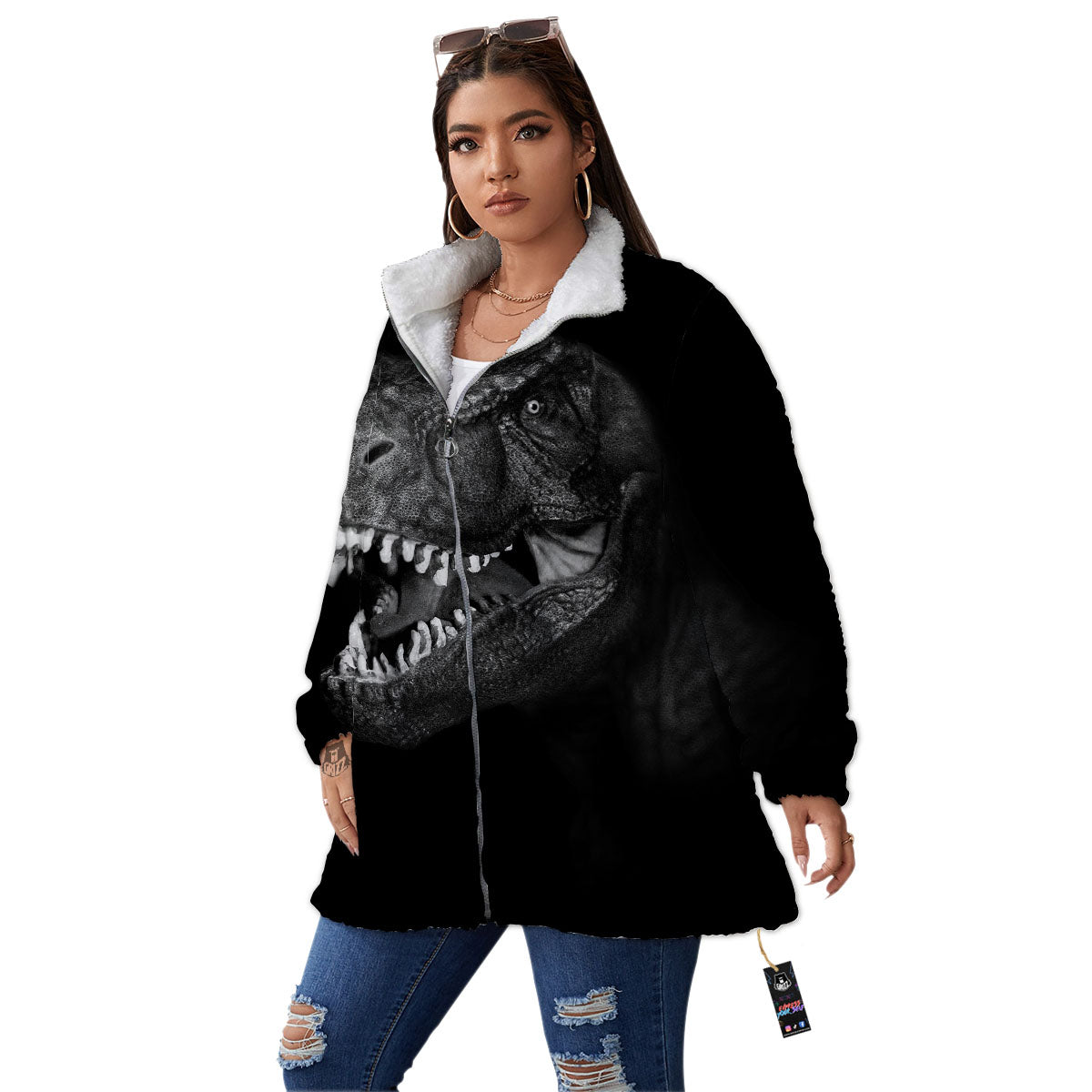 T-Rex Dinosaur White And Black Print Women's Sherpa Jacket-grizzshop
