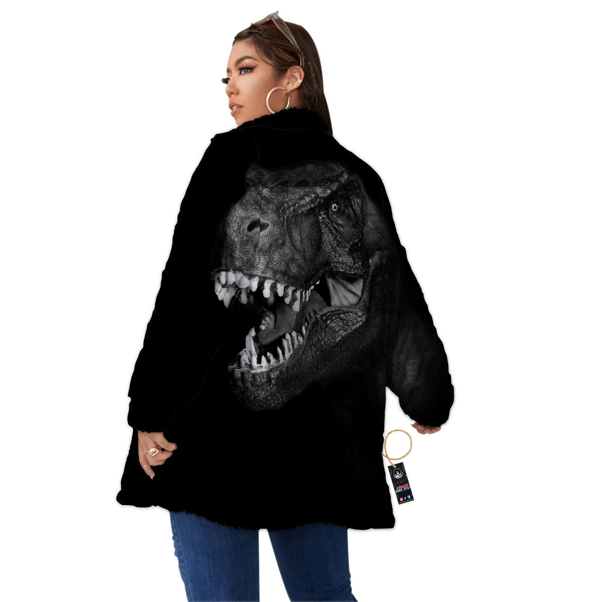 T-Rex Dinosaur White And Black Print Women's Sherpa Jacket-grizzshop
