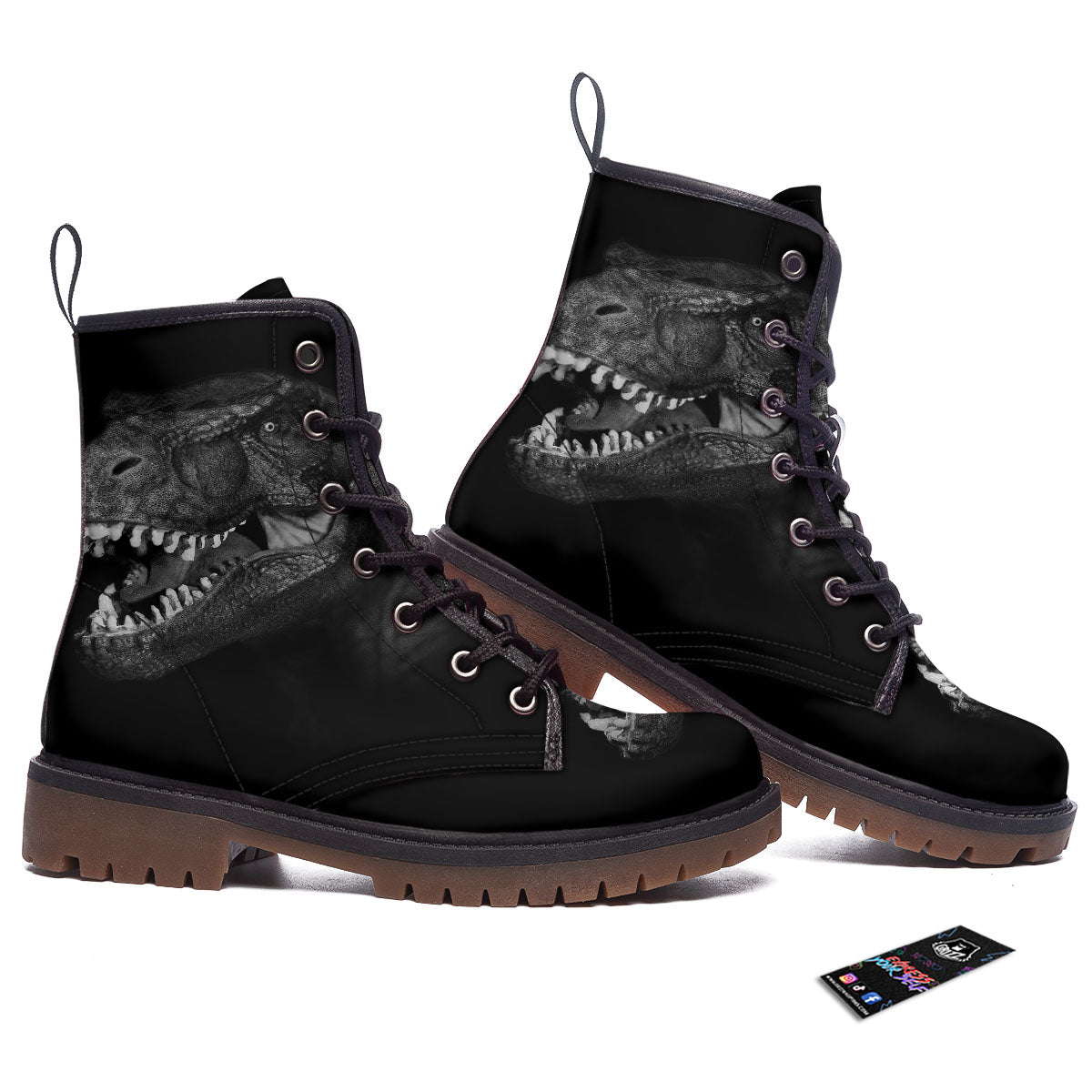 T-Rex Dinosaur White And Black Print Work Boots-grizzshop
