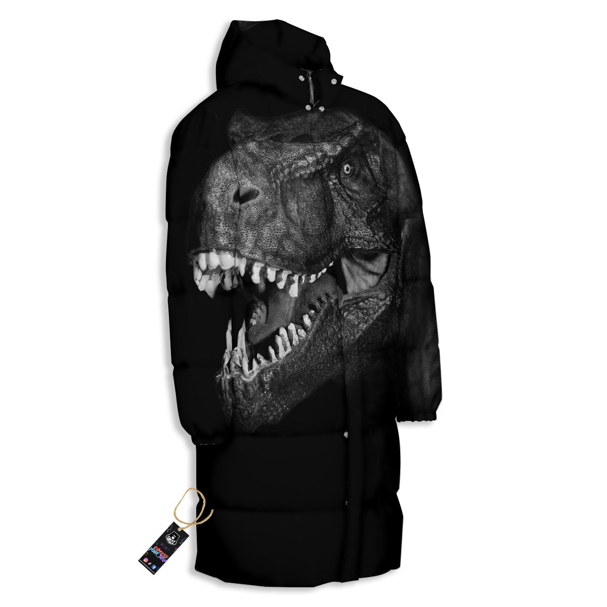 T-Rex Dinosaur White And Black Print Long Down Jacket