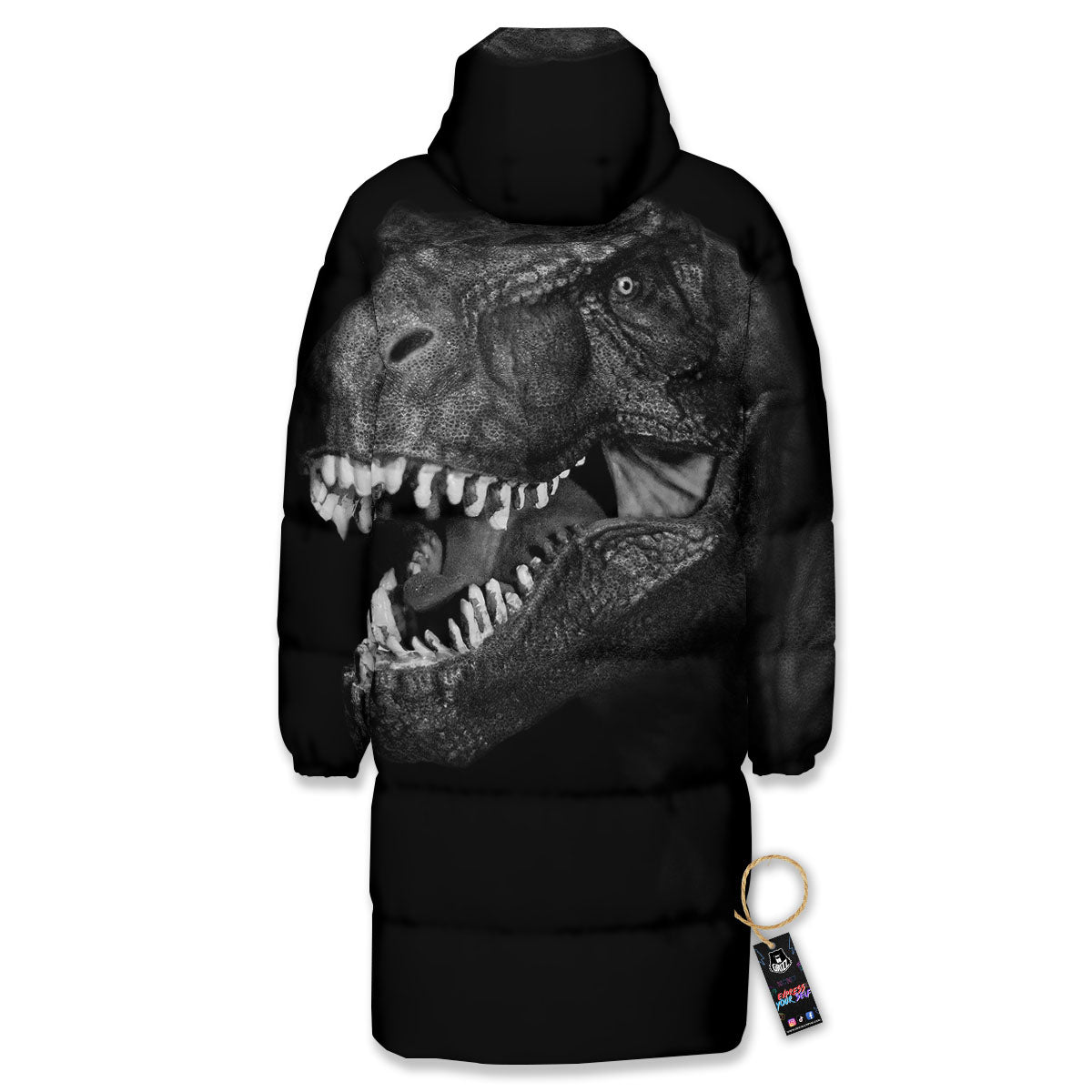 T-Rex Dinosaur White And Black Print Long Down Jacket