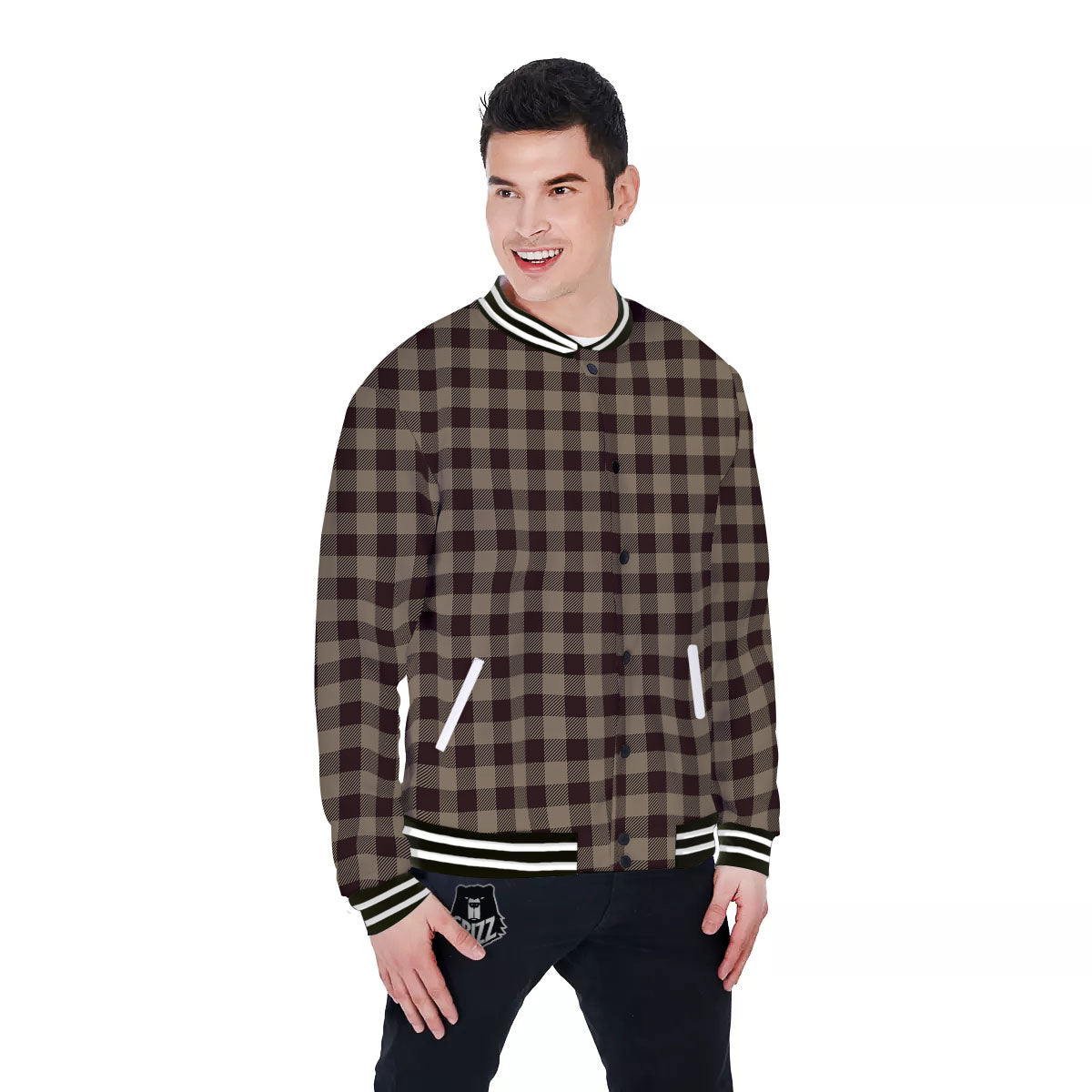 Tan Dark And Black Check Print Pattern Baseball Jacket-grizzshop