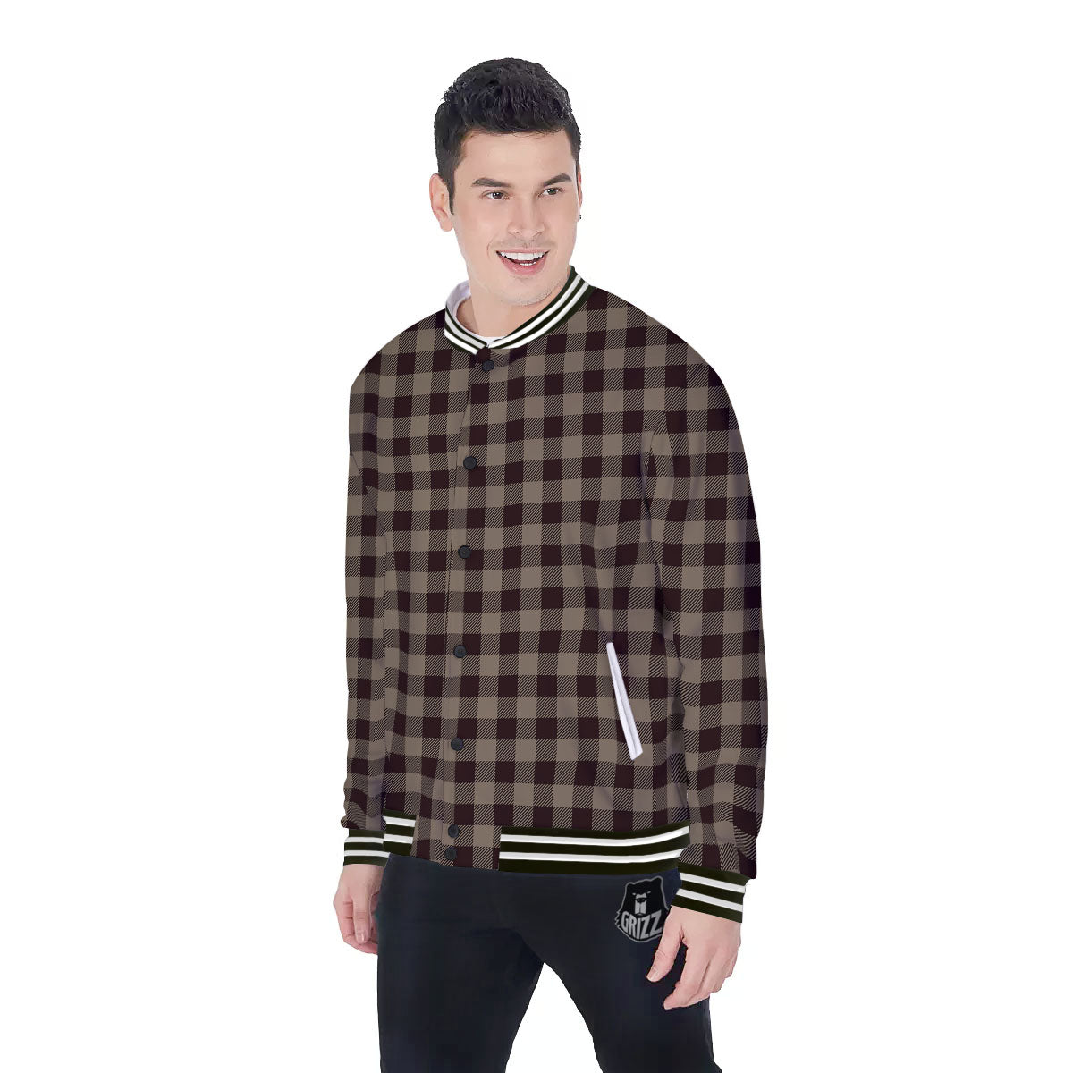 Tan Dark And Black Check Print Pattern Baseball Jacket-grizzshop