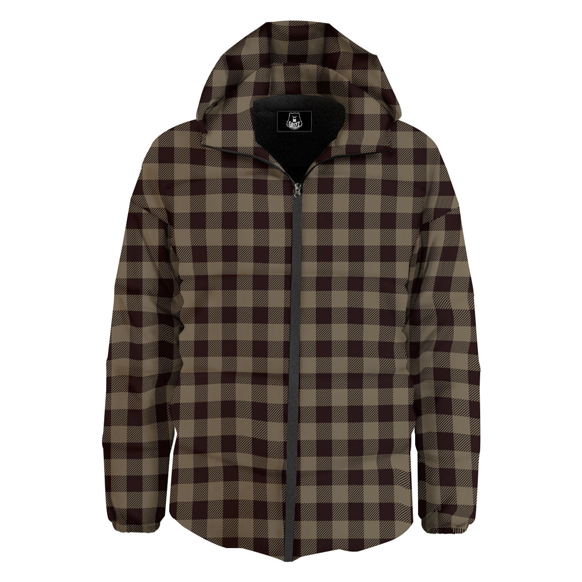 Tan Dark And Black Check Print Pattern Down Jacket-grizzshop