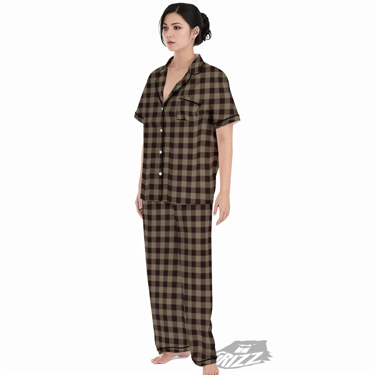 Tan Dark And Black Check Print Pattern Women's Pajamas Set-grizzshop