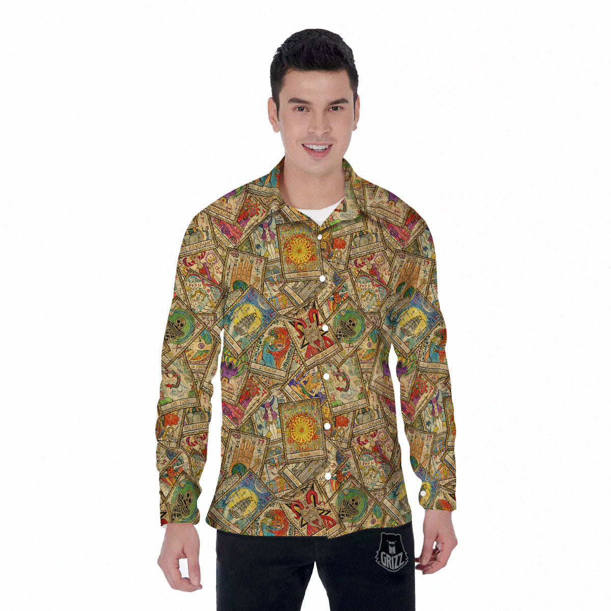 Tarot Card Wicca Vintage Print Pattern Men's Long Sleeve Shirts-grizzshop