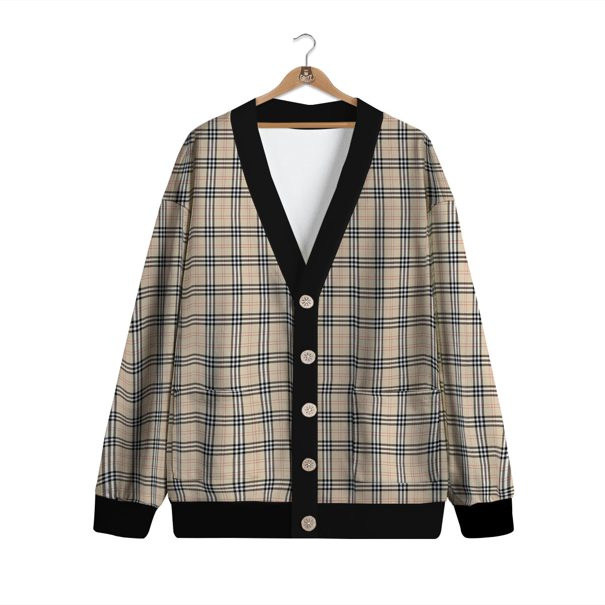 Tartan Beige Print Pattern Cardigan-grizzshop