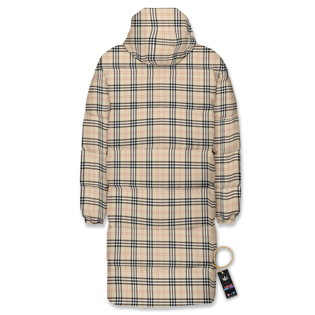 Tartan Beige Print Pattern Long Down Jacket-grizzshop