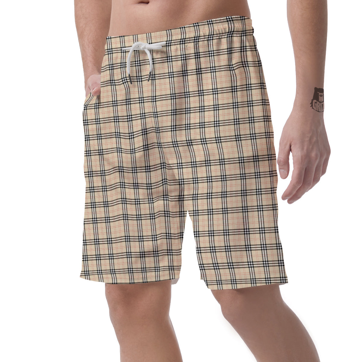 Tartan Beige Print Pattern Men's Shorts-grizzshop