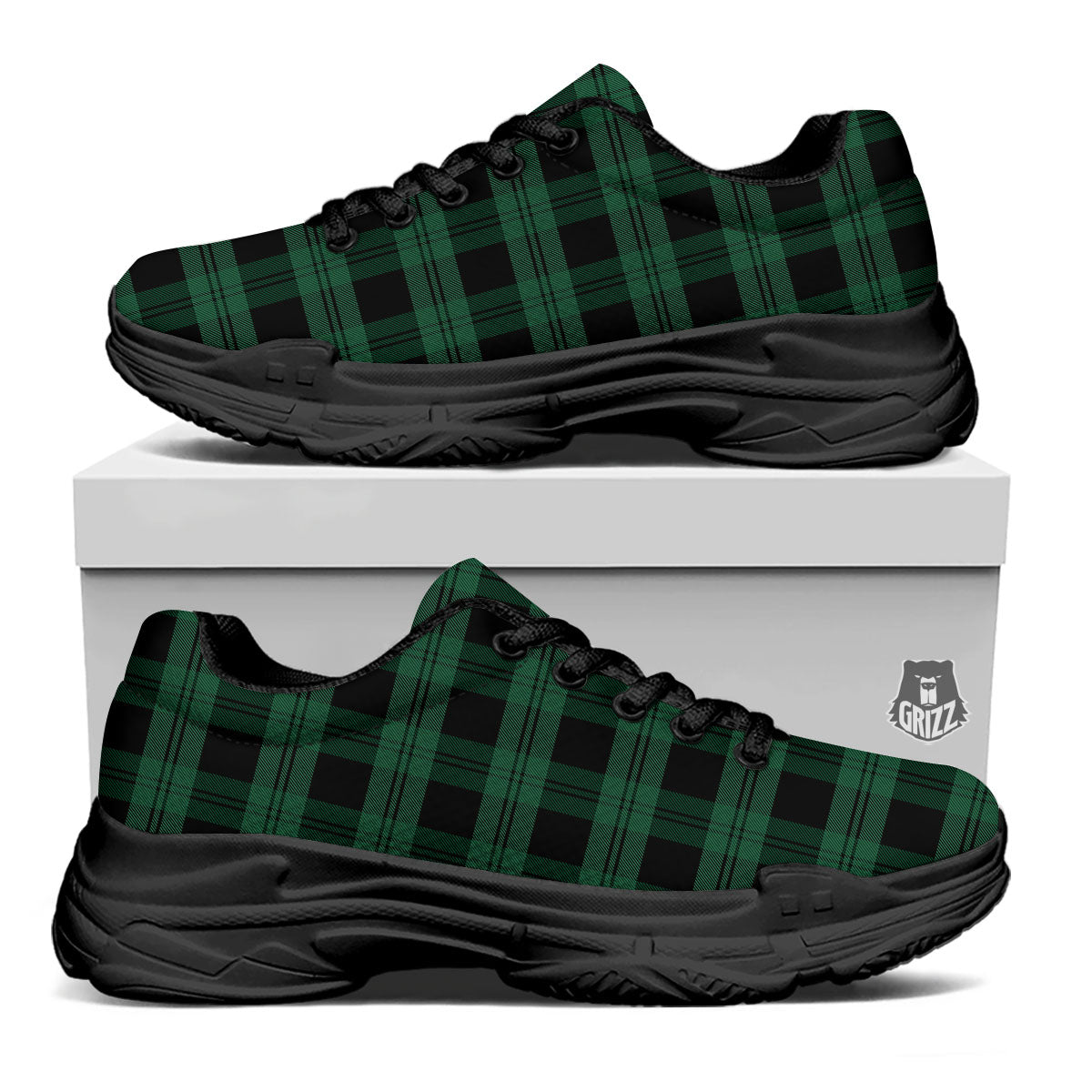 Tartan Black And Green Print Pattern Black Chunky Shoes-grizzshop