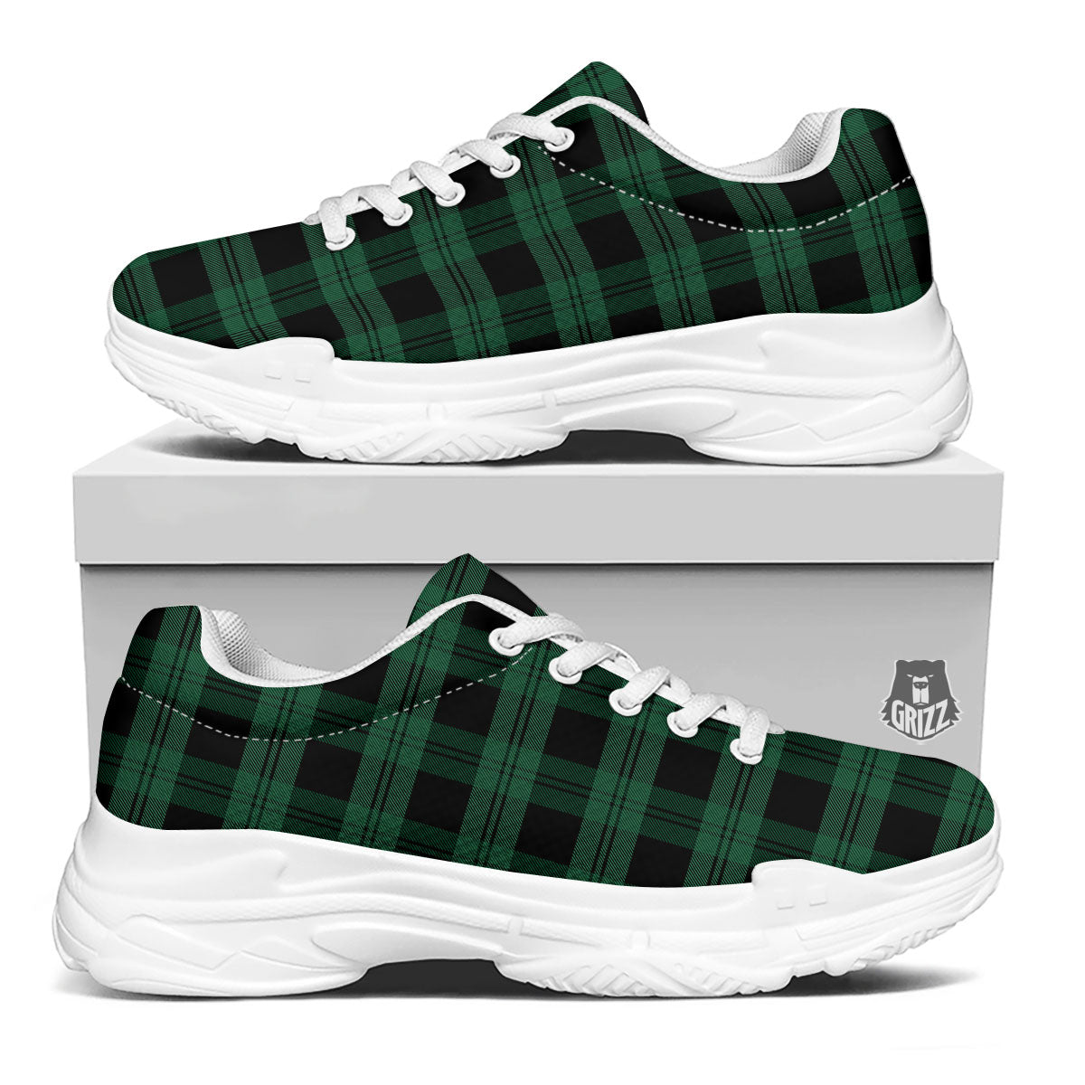 Tartan Black And Green Print Pattern White Chunky Shoes-grizzshop