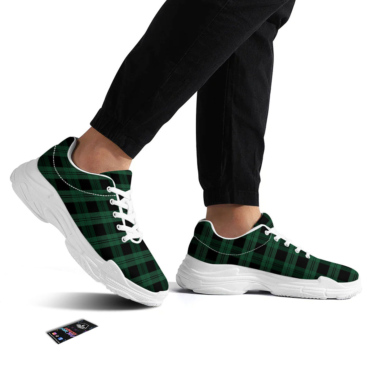Tartan Black And Green Print Pattern White Chunky Shoes-grizzshop