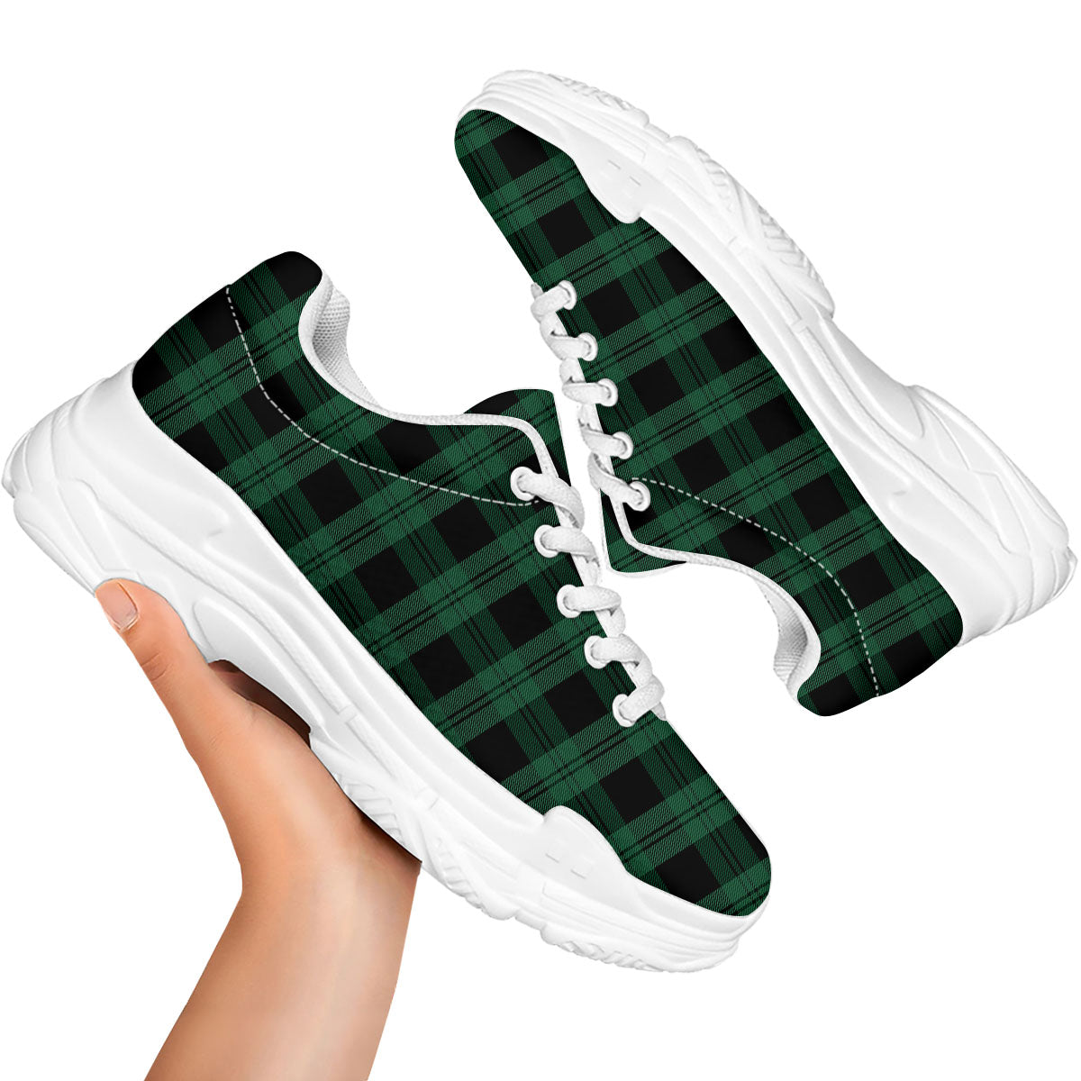 Tartan Black And Green Print Pattern White Chunky Shoes-grizzshop