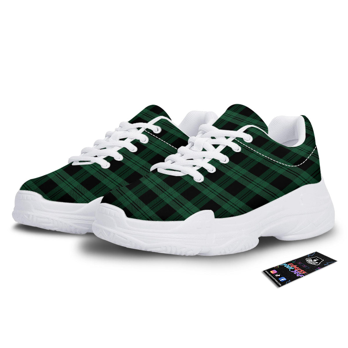 Tartan Black And Green Print Pattern White Chunky Shoes-grizzshop