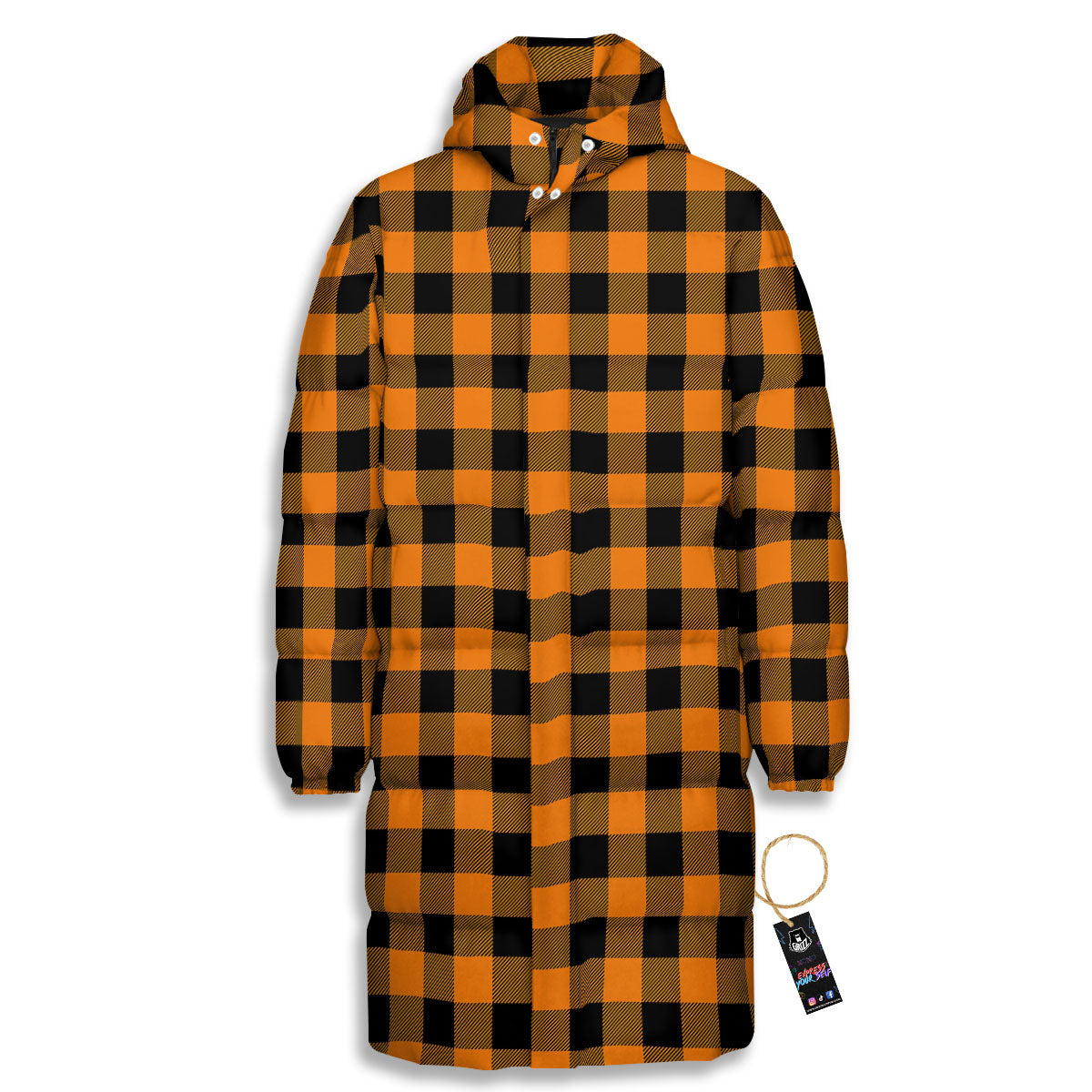 Tartan Black And Orange Print Pattern Long Down Jacket-grizzshop