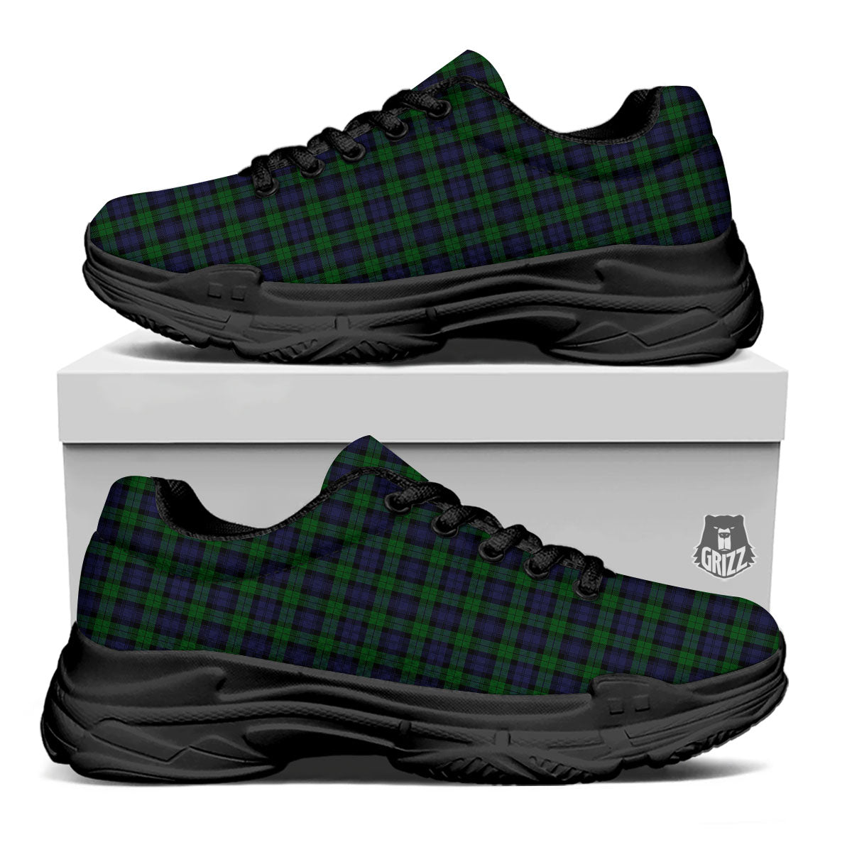Tartan Black Watch Print Pattern Black Chunky Shoes-grizzshop