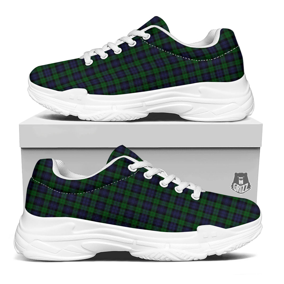 Tartan Black Watch Print Pattern White Chunky Shoes-grizzshop