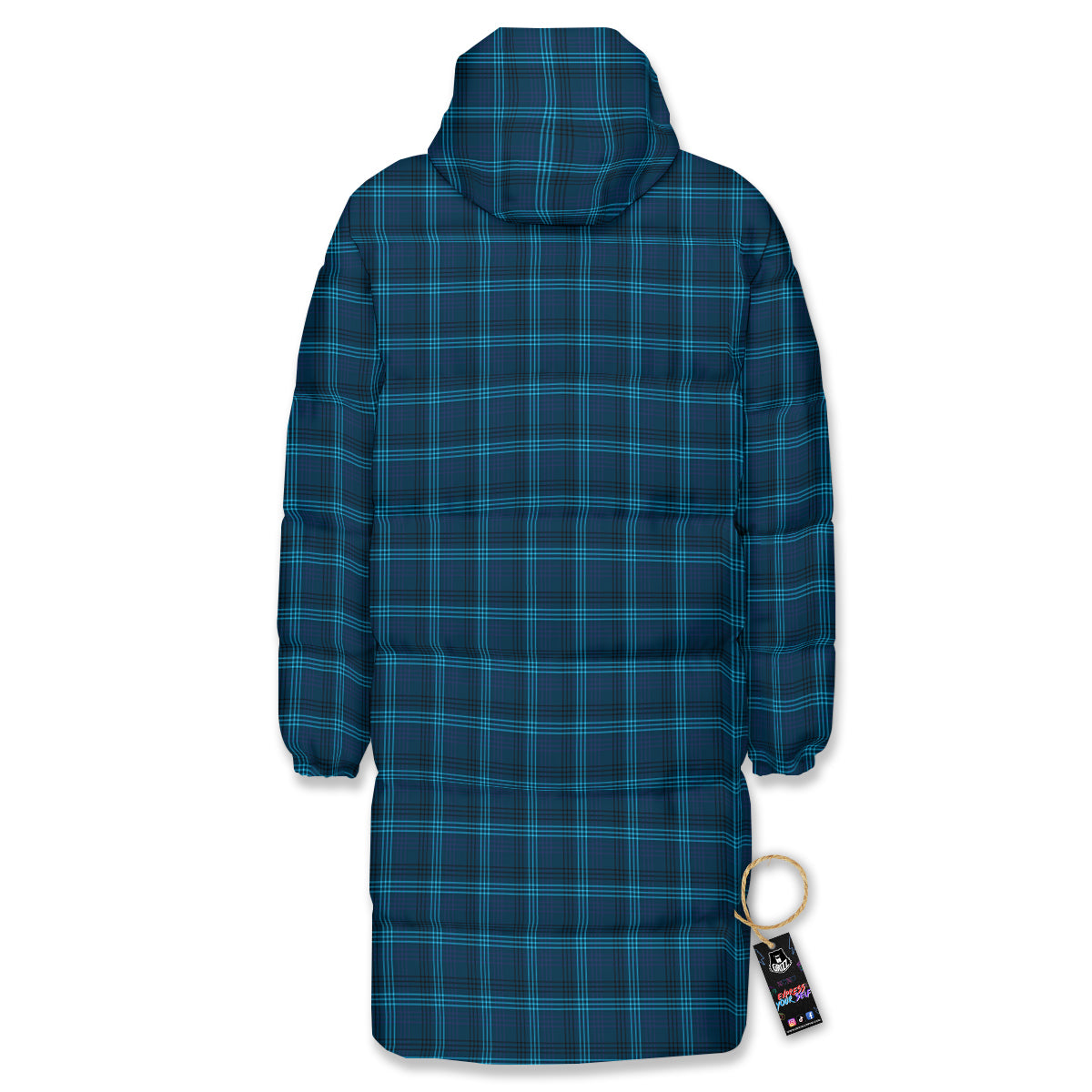 Tartan Blue And Black Print Pattern Long Down Jacket-grizzshop