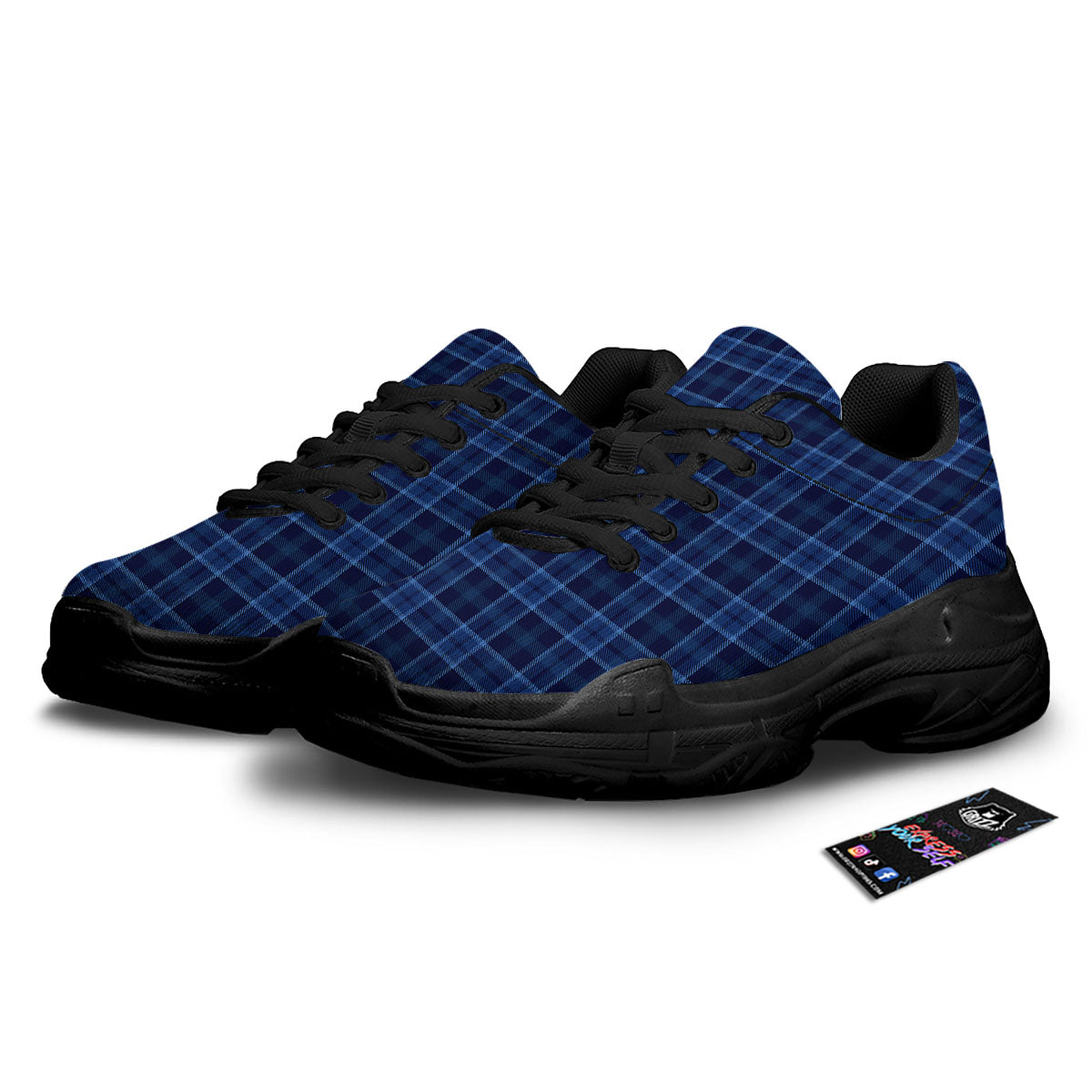 Tartan Blue Print Pattern Black Chunky Shoes-grizzshop