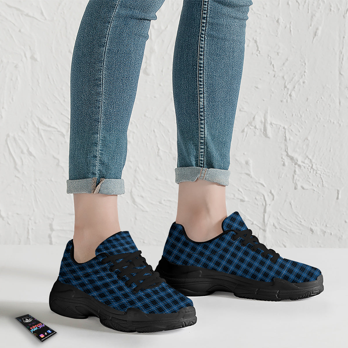 Tartan Dark Blue Print Pattern Black Chunky Shoes-grizzshop