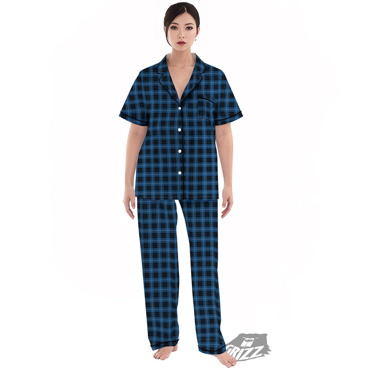 Tartan Dark Blue Print Pattern Women's Pajamas Set-grizzshop