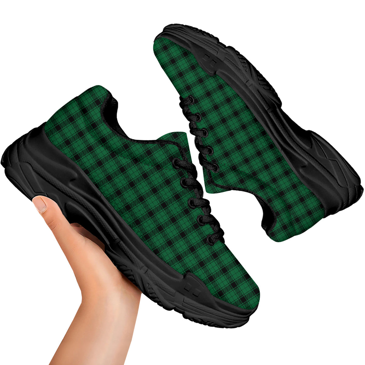 Tartan Green And Black Print Pattern Black Chunky Shoes-grizzshop