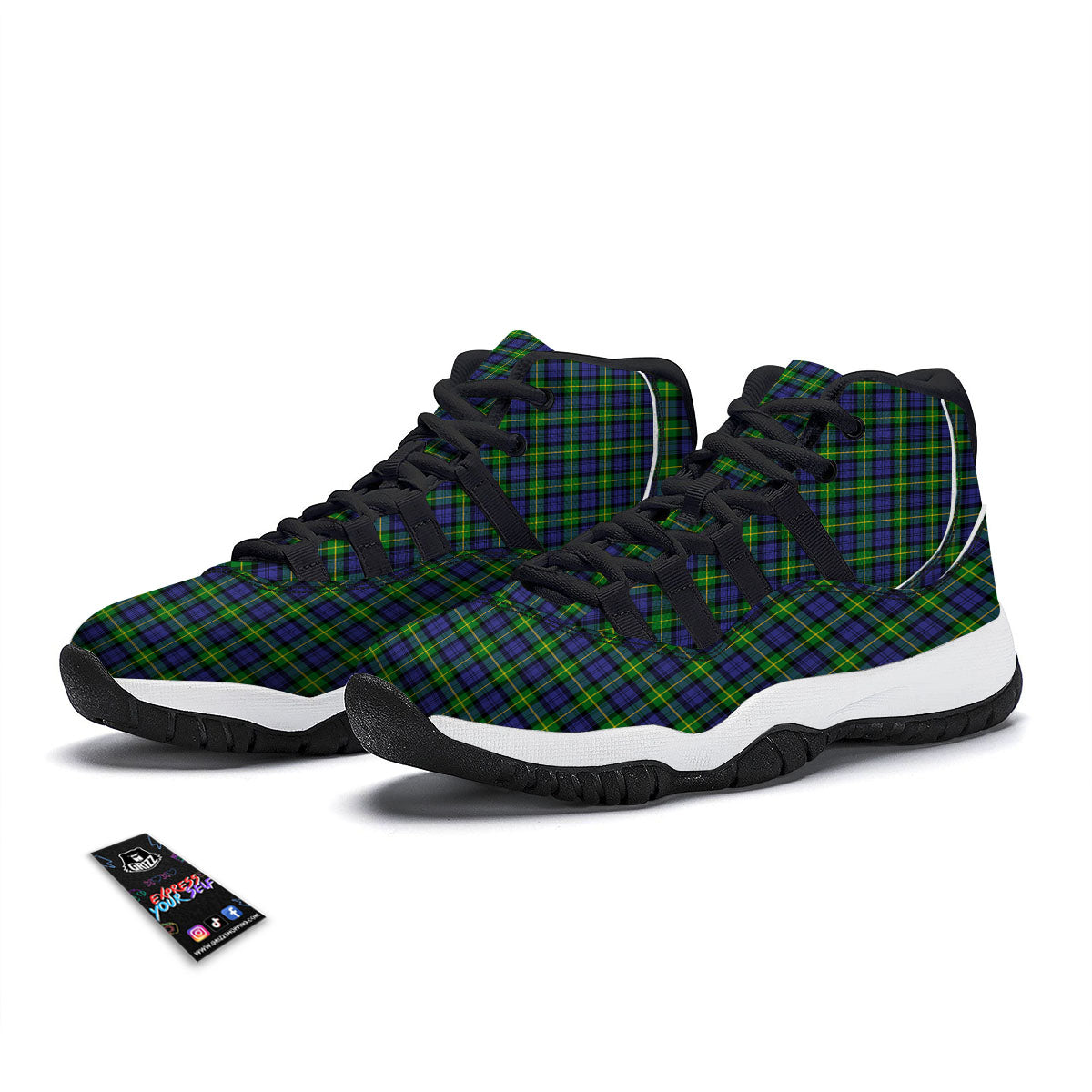 Tartan Green And Blue Print Pattern Black Bball Shoes-grizzshop